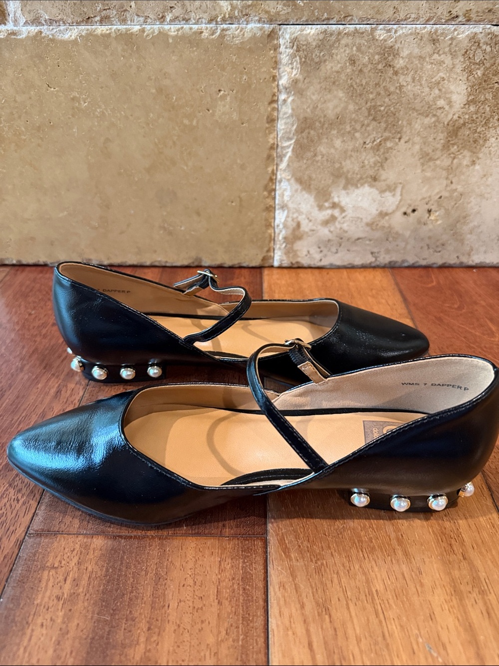 Dolce Vita Black Mary Jane Flats with Pearl Heel Accents